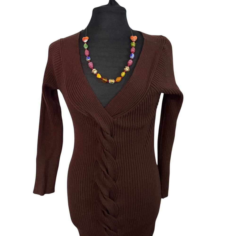 ASTR Women Brown Sweater Dress Bodycon V Neck Long Sleeve Full-Length Size M